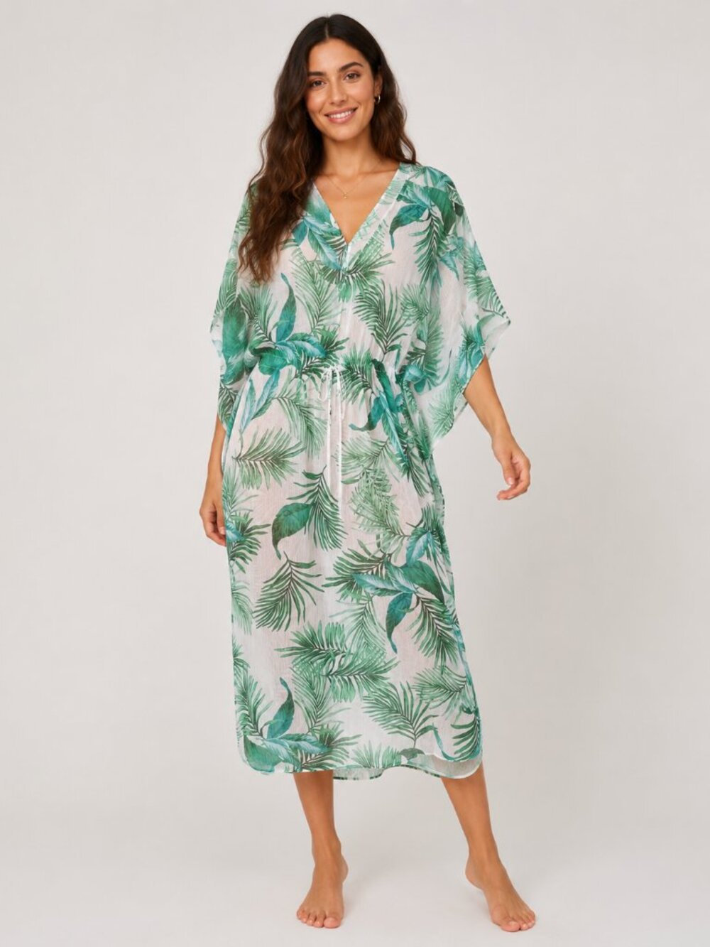 Kona Sol Green Palm Leaf Sheer Maxi Kaftan Swim Cover Up Dress M